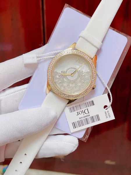 Dior La D de Dior Mother-of-Pearl Dial Diamond-Encrusted Watch Black Strap Watches - 10