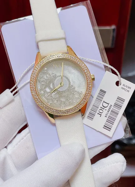 Dior La D de Dior Mother-of-Pearl Dial Diamond-Encrusted Watch Black Strap Watches - 12