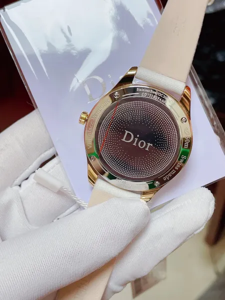 Dior La D de Dior Mother-of-Pearl Dial Diamond-Encrusted Watch Black Strap Watches - 16