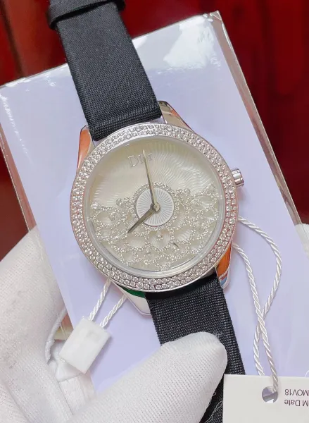 Dior La D de Dior Mother-of-Pearl Dial Diamond-Encrusted Watch Black Strap Watches - 9