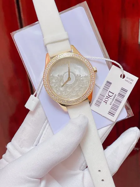 Dior La D de Dior Mother-of-Pearl Dial Diamond-Encrusted Watch Black Strap Watches - 11