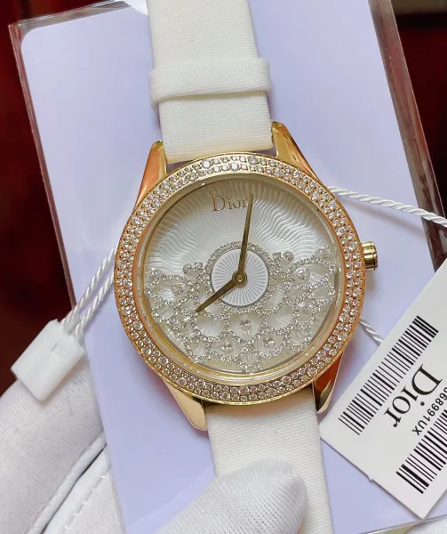 Dior La D de Dior Mother-of-Pearl Dial Diamond-Encrusted Watch Black Strap Watches - 14