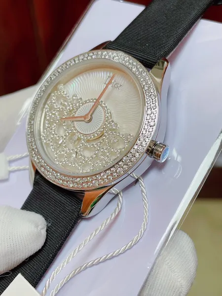 Dior La D de Dior Mother-of-Pearl Dial Diamond-Encrusted Watch Black Strap Watches - 8
