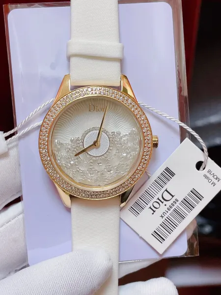 Dior La D de Dior Mother-of-Pearl Dial Diamond-Encrusted Watch Black Strap Watches - 13
