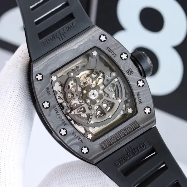 Richard Mille RM 011 Flyback Chronograph Black Skeleton Dial Silver Case Rubber Strap Watch Watches - 7