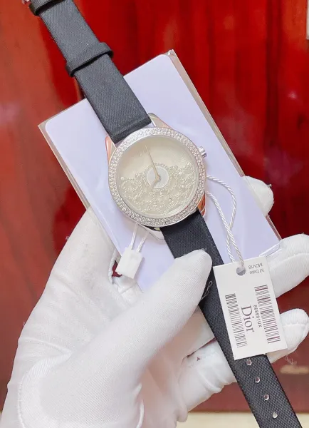 Dior La D de Dior Mother-of-Pearl Dial Diamond-Encrusted Watch Black Strap Watches - 3