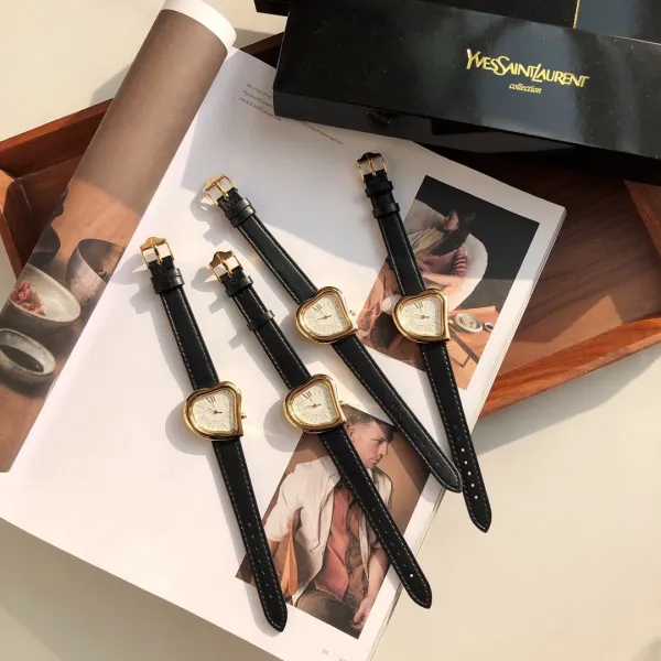 Saint Laurent Yves Saint Laurent Heart-Shaped Watch Gold Red Leather Strap Watches - 3