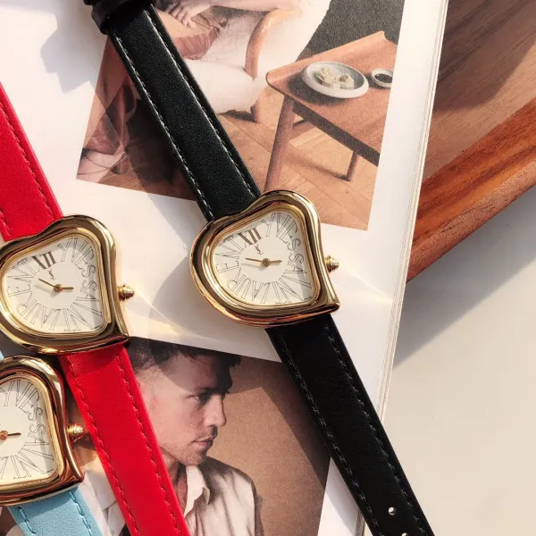 Saint Laurent Yves Saint Laurent Heart-Shaped Watch Gold Red Leather Strap Watches - 41