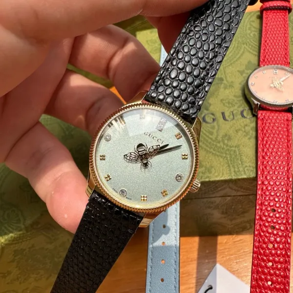 Gucci G-Timeless Bee Dial Gold-Tone Quartz Watch with Black Alligator Strap Watches - 8
