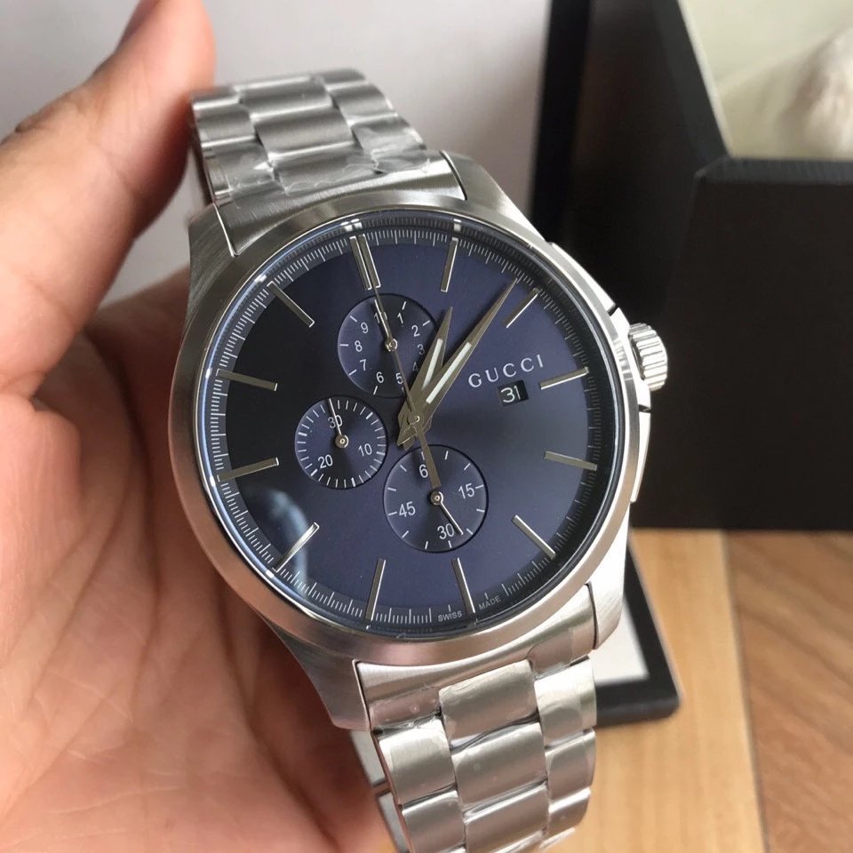 Gucci Watch Silver Blue Chronograph Men's