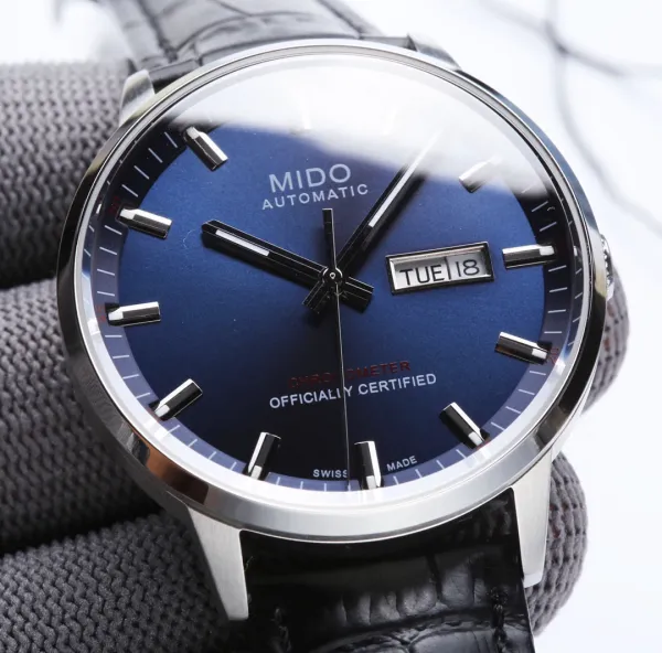 Design Mido Chronometer Automatic White Dial Black Leather Strap Mechanical Watch - 24