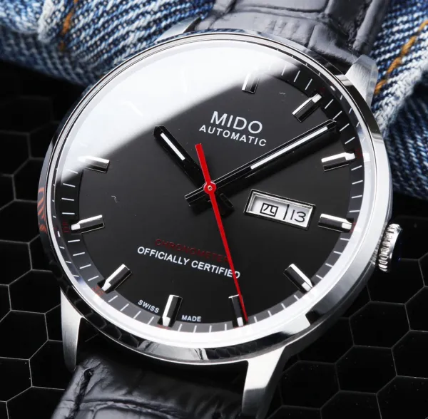 Design Mido Chronometer Automatic White Dial Black Leather Strap Mechanical Watch - 4