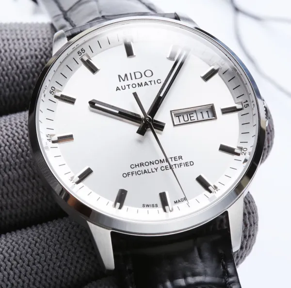Design Mido Chronometer Automatic White Dial Black Leather Strap Mechanical Watch - 15