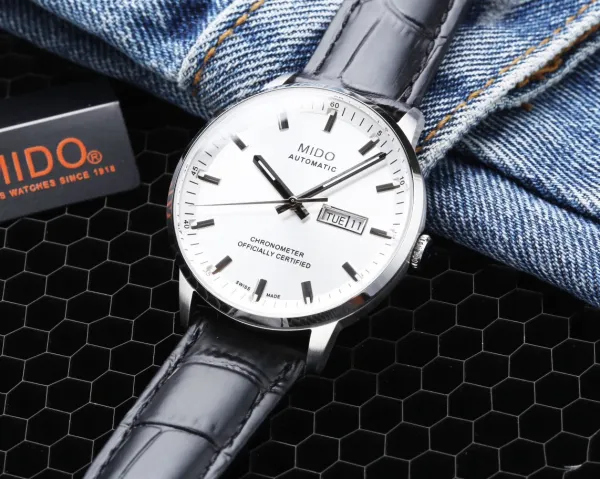 Design Mido Chronometer Automatic White Dial Black Leather Strap Mechanical Watch - 13