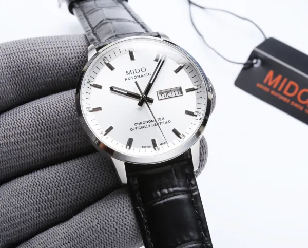 Design Mido Chronometer Automatic White Dial Black Leather Strap Mechanical Watch - 14