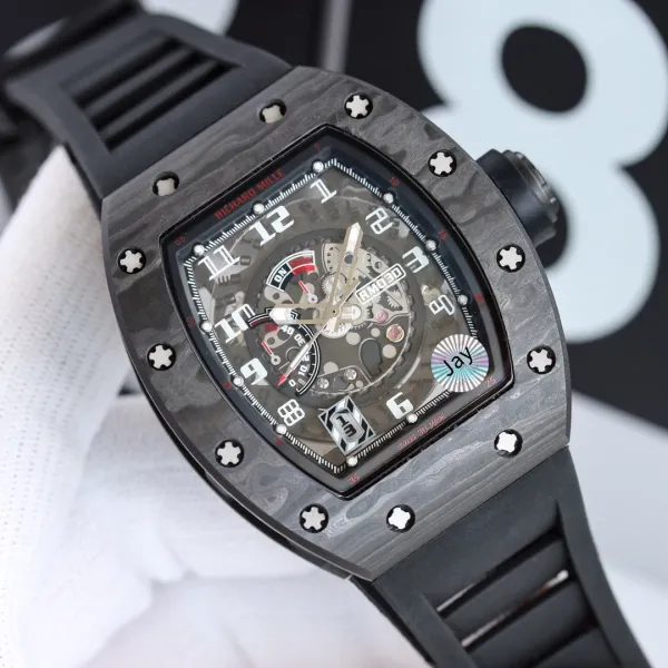 Richard Mille RM 011 Flyback Chronograph Black Skeleton Dial Silver Case Rubber Strap Watch Watches - 4