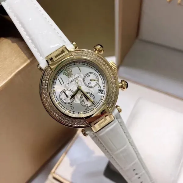 Versace Chronograph Red Dial with Diamond Bezel Leather Strap Watch Watches - 22