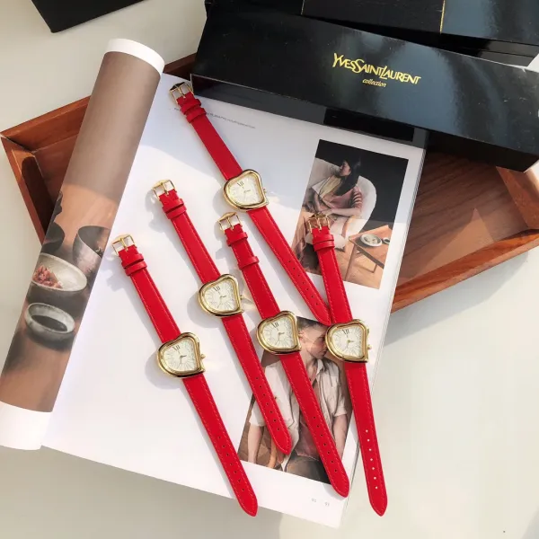 Saint Laurent Yves Saint Laurent Heart-Shaped Watch Gold Red Leather Strap Watches - 32