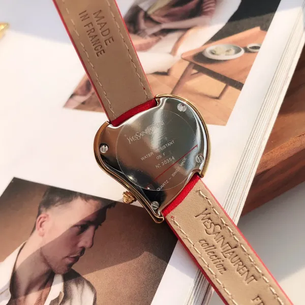Saint Laurent Yves Saint Laurent Heart-Shaped Watch Gold Red Leather Strap Watches - 38