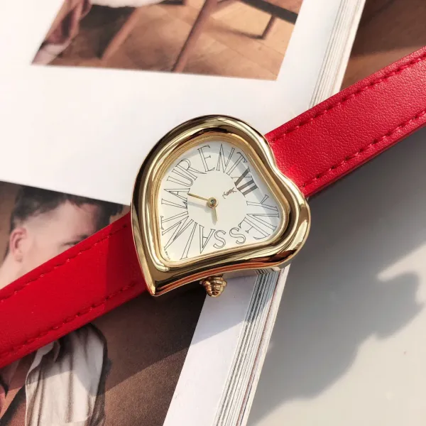 Saint Laurent Yves Saint Laurent Heart-Shaped Watch Gold Red Leather Strap Watches - 35