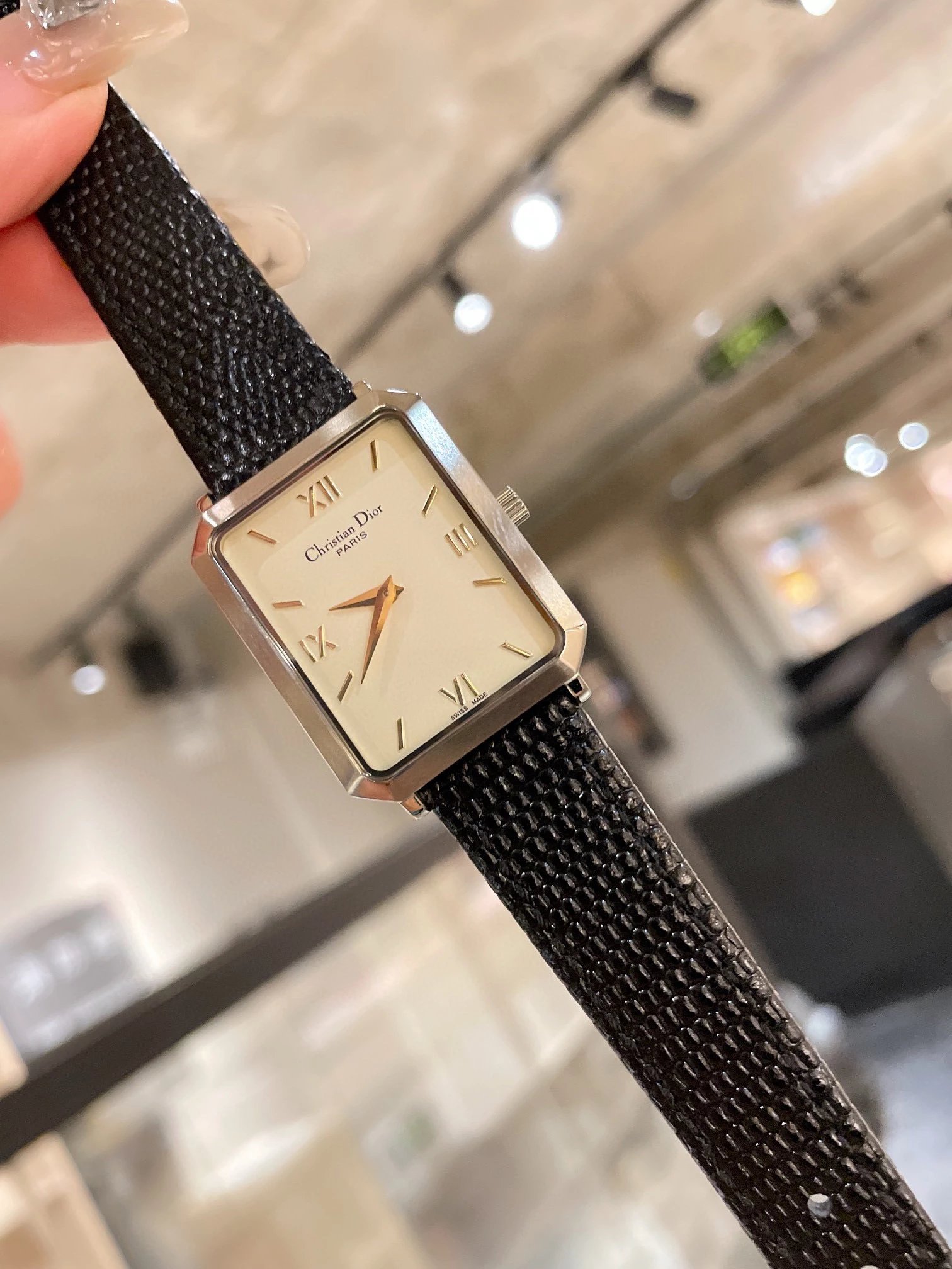 Christian Dior Square Watch Black Leather Classic