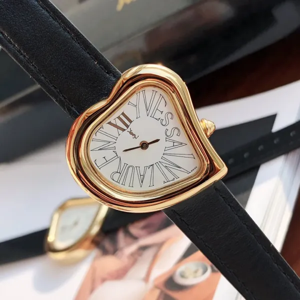 Saint Laurent Yves Saint Laurent Heart-Shaped Watch Gold Red Leather Strap Watches - 8