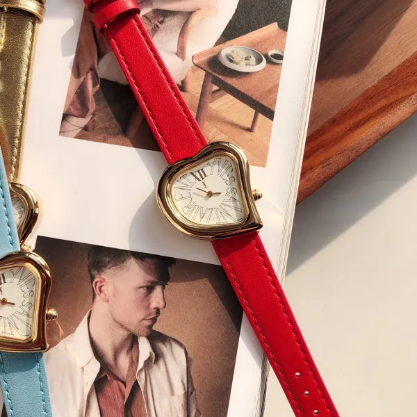 Saint Laurent Yves Saint Laurent Heart-Shaped Watch Gold Red Leather Strap Watches - 40