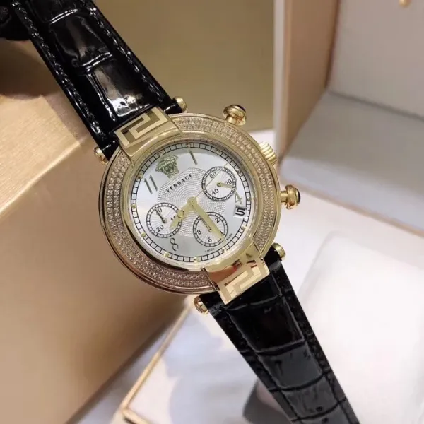 Versace Chronograph Red Dial with Diamond Bezel Leather Strap Watch Watches - 23