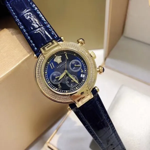 Versace Chronograph Red Dial with Diamond Bezel Leather Strap Watch Watches - 25
