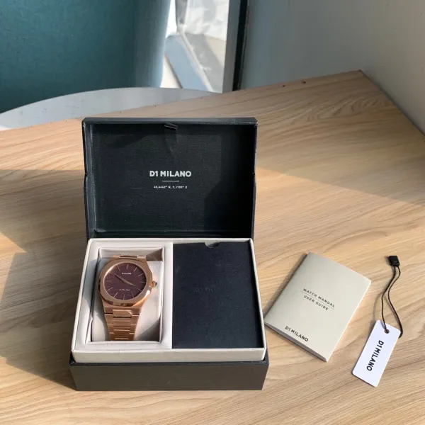 Design D1 Milano Ultra Thin Rose Gold Watch with Burgundy Dial Watches - 56