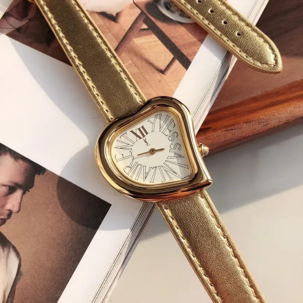Saint Laurent Yves Saint Laurent Heart-Shaped Watch Gold Red Leather Strap Watches - 13