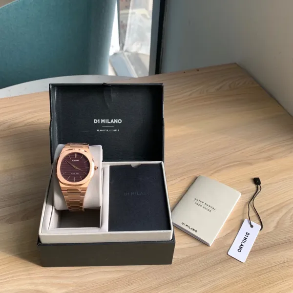 Design D1 Milano Ultra Thin Rose Gold Watch with Burgundy Dial Watches - 57