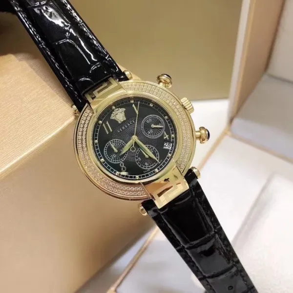 Versace Chronograph Red Dial with Diamond Bezel Leather Strap Watch Watches - 24