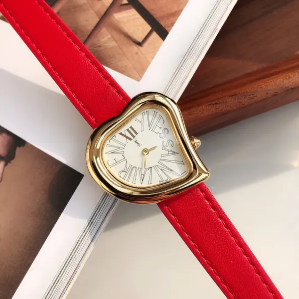 Saint Laurent Yves Saint Laurent Heart-Shaped Watch Gold Red Leather Strap Watches - 33