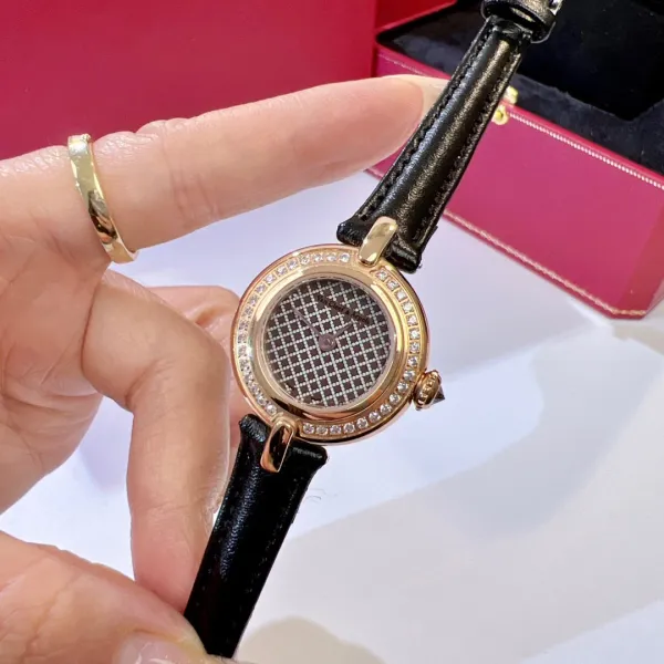 Van Cleef & Arpels Vintage Alhambra Watch Rose Gold Diamond Bezel White Dial Black Leather Strap Watch Watches - 7