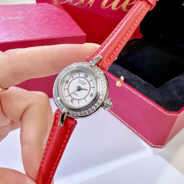 Van Cleef & Arpels Vintage Alhambra Watch Rose Gold Diamond Bezel White Dial Black Leather Strap Watch Watches - 20