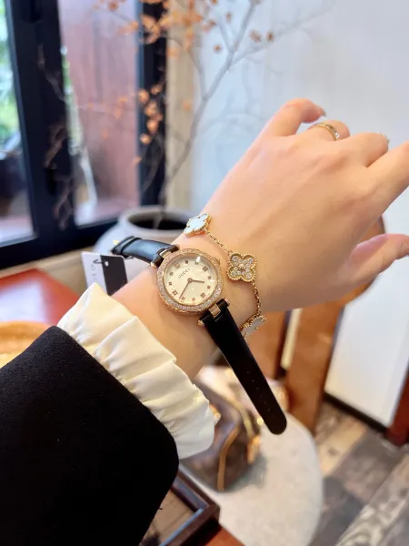 Gucci G-Timeless Mini Mother-of-Pearl Dial Black Leather Watch Watches - 44
