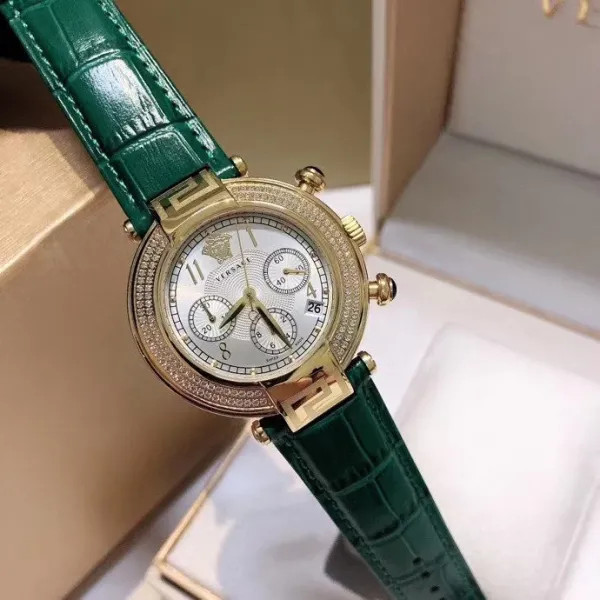 Versace Chronograph Red Dial with Diamond Bezel Leather Strap Watch Watches - 30