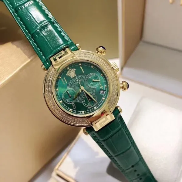 Versace Chronograph Red Dial with Diamond Bezel Leather Strap Watch Watches - 29