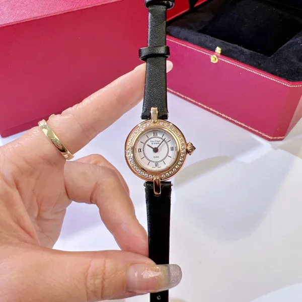 Van Cleef & Arpels Vintage Alhambra Watch Rose Gold Diamond Bezel White Dial Black Leather Strap Watch Watches - 3