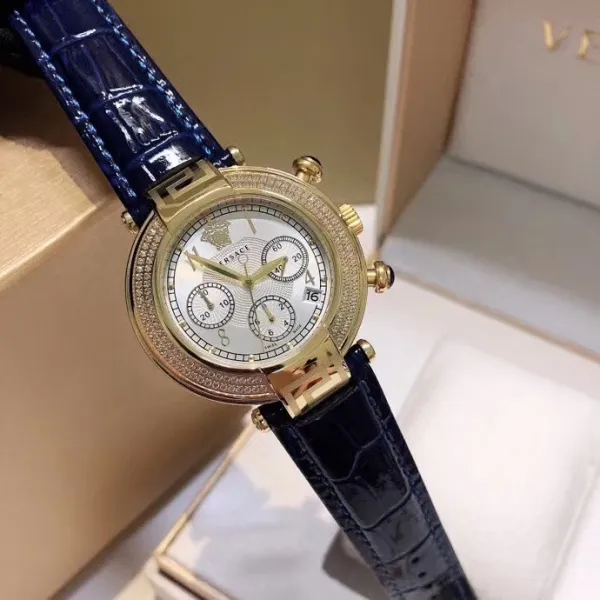 Versace Chronograph Red Dial with Diamond Bezel Leather Strap Watch Watches - 26