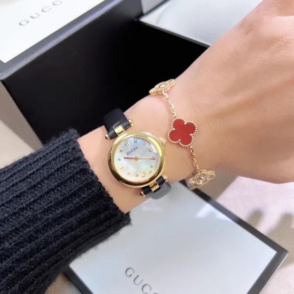 Gucci G-Timeless Mini Mother-of-Pearl Dial Black Leather Watch Watches - 14