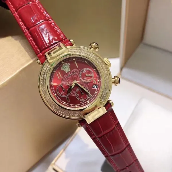 Versace Chronograph Red Dial with Diamond Bezel Leather Strap Watch Watches - 28