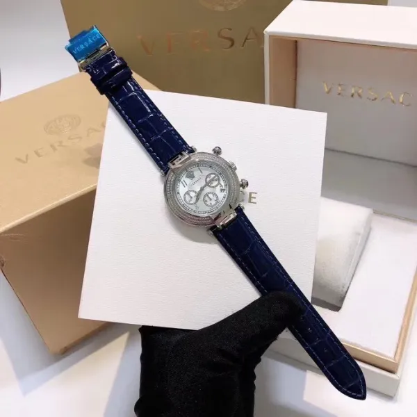 Versace Chronograph Red Dial with Diamond Bezel Leather Strap Watch Watches - 5