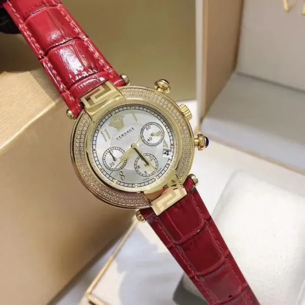 Versace Chronograph Red Dial with Diamond Bezel Leather Strap Watch Watches - 27