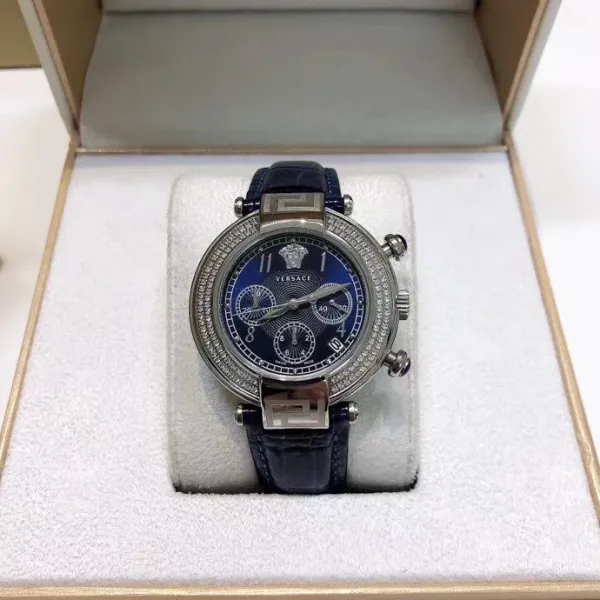 Versace Chronograph Red Dial with Diamond Bezel Leather Strap Watch Watches - 7