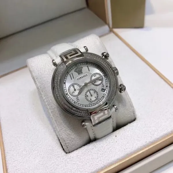 Versace Chronograph Red Dial with Diamond Bezel Leather Strap Watch Watches - 18