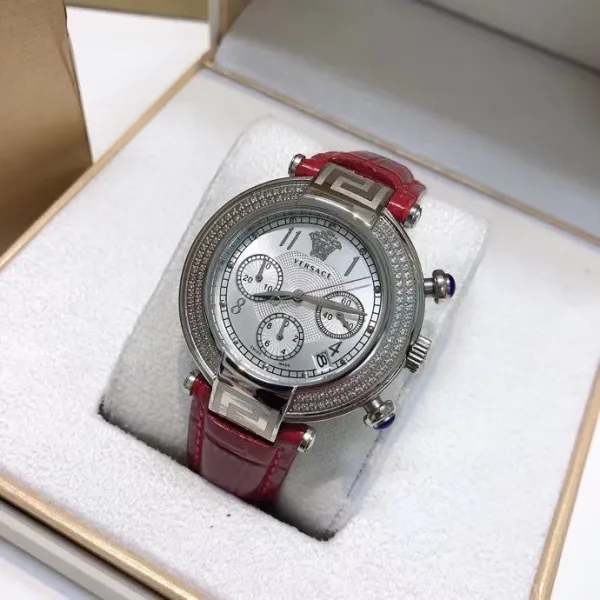 Versace Chronograph Red Dial with Diamond Bezel Leather Strap Watch Watches - 13