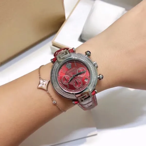 Versace Chronograph Red Dial with Diamond Bezel Leather Strap Watch Watches - 14