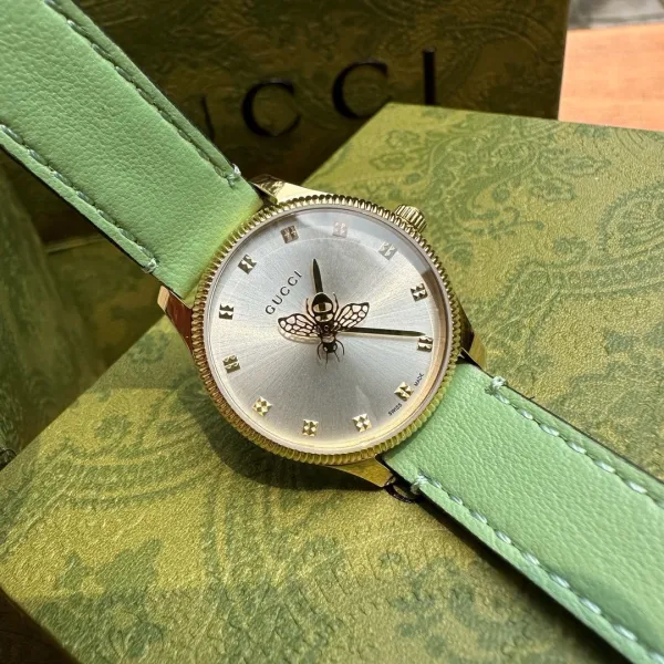 Gucci G-Timeless Bee Dial Gold-Tone Quartz Watch with Black Alligator Strap Watches - 16